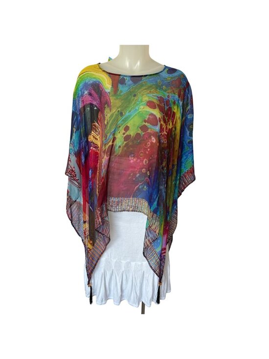 Dilemma Tops - Dilemma New York Art to Wear Silk Poncho Rainbow Colorful Womens O/S Tassels